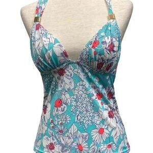 Victorias Secret  Swim Top Halter Teal White Floral Padded Adjustable Straps SP